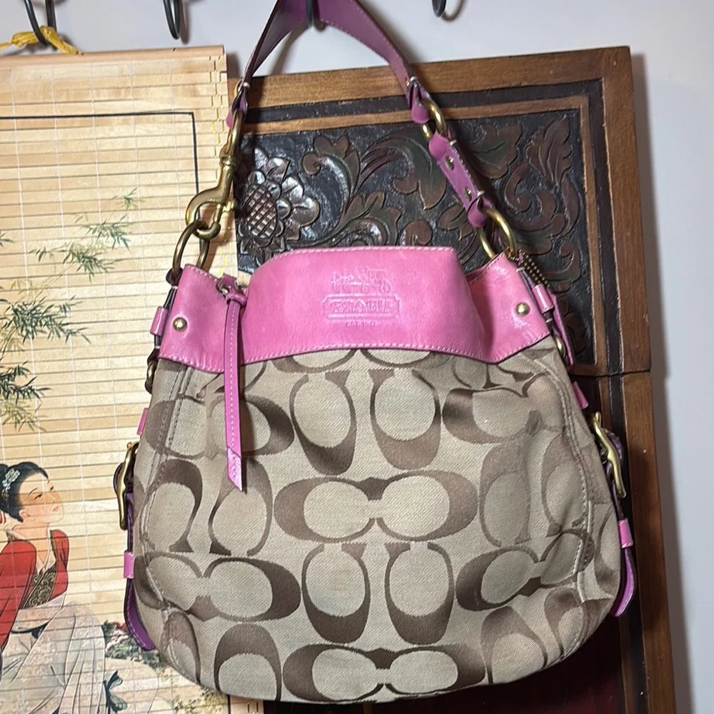 Coach Hobo Shoulder Bag Pink Leather Brown Monogram 12”Wx12”Hx5”W VGUC - Picture 1 of 17